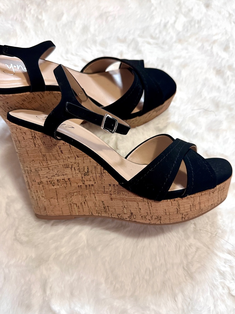 Black Cork Wedge Sandals with Ankle Strap